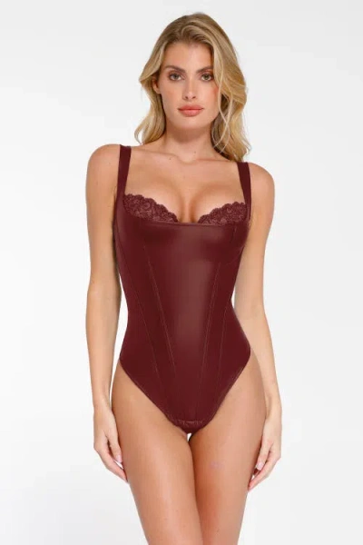 Popilush Valentine's Day Shapewear Faux Leather Lace Balconette Sculpting Bodysuit In Burgundy