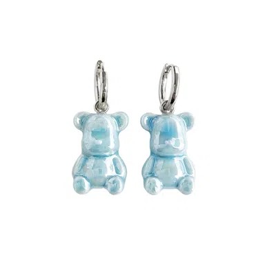 Poporcelain Women's Baby Blue Porcelain Teddy Bear Earrings, Silver Tone