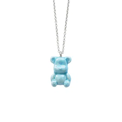 Poporcelain Women's Baby Blue Porcelain Teddy Bear Necklace, Silver Tone