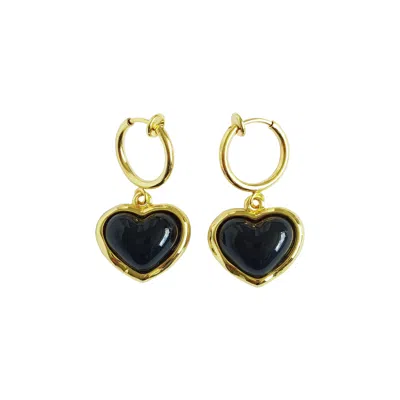 Poporcelain Women's Black / Gold Porcelain Black Heart Clip-on Hoop Earrings In Multi