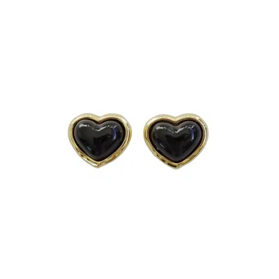 Poporcelain Women's Black / Gold Porcelain Black Heart Stud Earrings