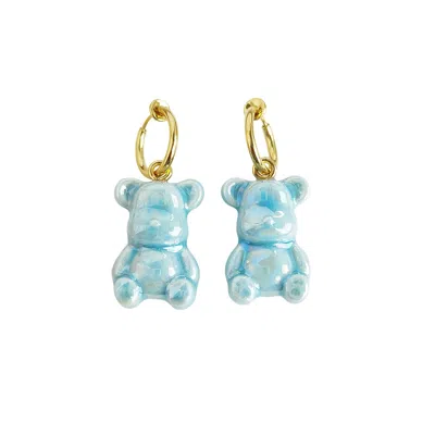 Poporcelain Women's Blue / Gold Baby Blue Porcelain Teddy Bear Clip On Earrings In Multi