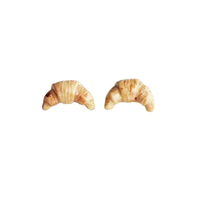 Poporcelain Women's Gold / Brown Mini Porcelain Croissant Stud Earrings In Multi