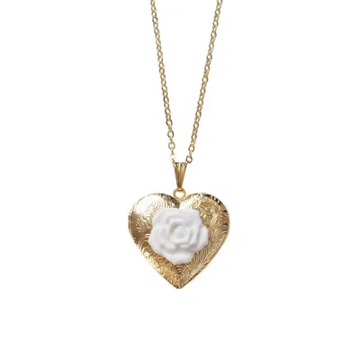 Poporcelain Women's Gold Classic Heart Locket With Porcelain Rose Pendant Necklace