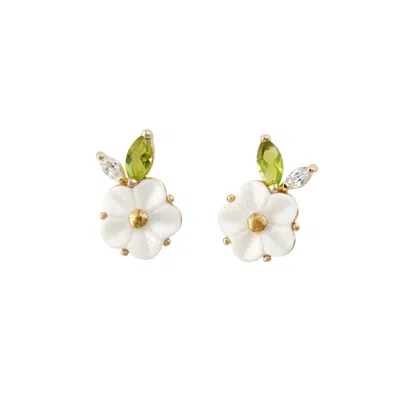 Poporcelain Women's Gold / Green / White Porcelain Strawberry Flower Stud Earrings