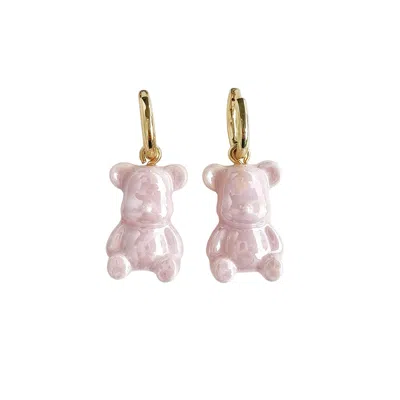 Poporcelain Women's Gold / Pink Sweet Pink Porcelain Teddy Bear Earrings In Multi