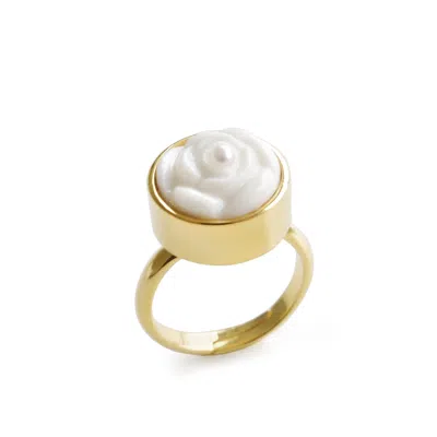 Poporcelain Women's Gold Porcelain Rose With Pearl Adjustable Ring