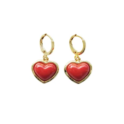 Poporcelain Women's Gold / Red Porcelain Red Heart Drop Earrings