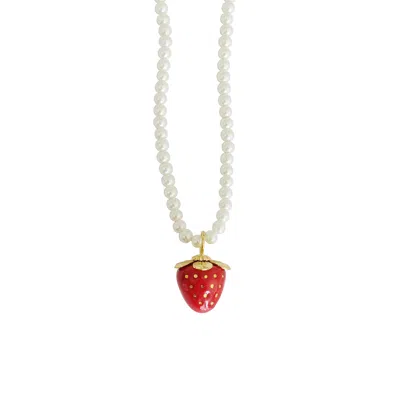 Poporcelain Women's Gold / Red / White Mini Red Porcelain Strawberry Swarovski Pearl Necklace In Multi