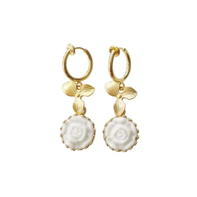 Poporcelain Women's Gold / White Mini Porcelain Moonlight Rose Clip-on Earrings