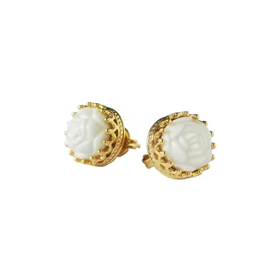 Poporcelain Women's Gold / White Mini Porcelain Rose Stud Earrings In Multi