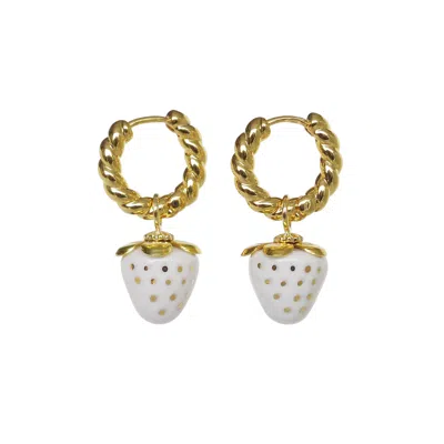 Poporcelain Women's Gold / White Mini White Porcelain Strawberry Hoop Earrings