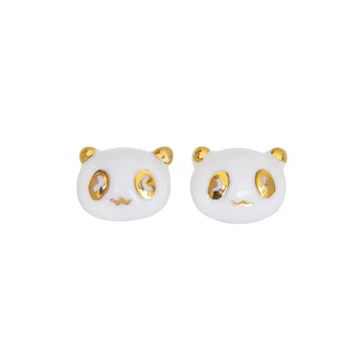 Poporcelain Women's Gold / White Porcelain Lucky Panda Stud Earrings
