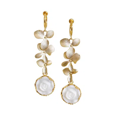 Poporcelain Women's Gold / White Porcelain Moonlight Rose And Triple Leaves Clip-on Earrings