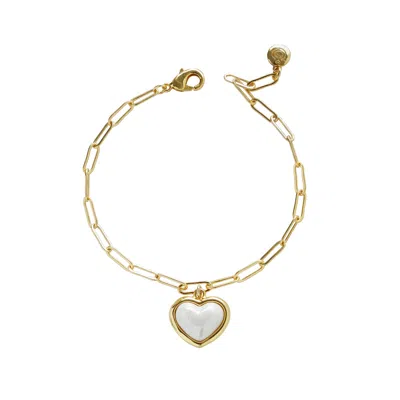 Poporcelain Women's Gold / White Porcelain Pearly White Heart Charm Bracelet