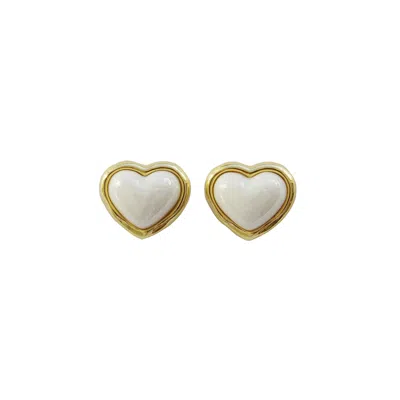 Poporcelain Women's Gold / White Porcelain Pearly White Heart Stud Earrings
