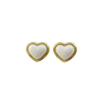 Poporcelain Women's Gold / White Porcelain Pearly White Heart Stud Earrings In Multi