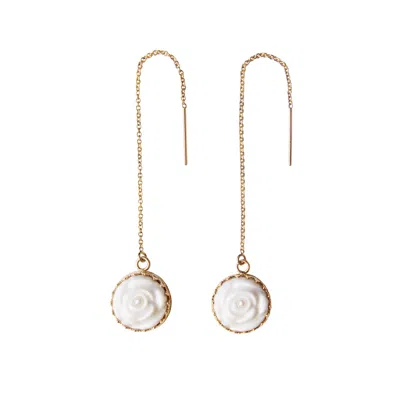 Poporcelain Women's Porcelain Rose With Pearl Gold Filled Chain Earrings