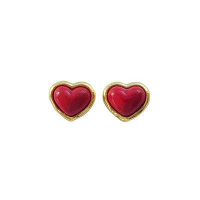 Poporcelain Women's Red / Gold Porcelain Red Heart Stud Earrings