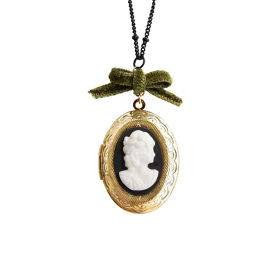 Poporcelain Women's White / Black / Green Dark Romance Goddess Oval Porcelain Cameo Locket Necklace In Gold