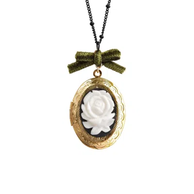 Poporcelain Women's White / Black / Green Dark Romance Rose Oval Porcelain Cameo Locket Necklace In Gold