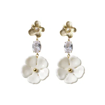 Poporcelain Women's White / Gold Crystal Floral Bloom Statement Earrings In Multi