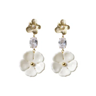 Poporcelain Women's White / Gold Crystal Floral Bloom Statement Earrings