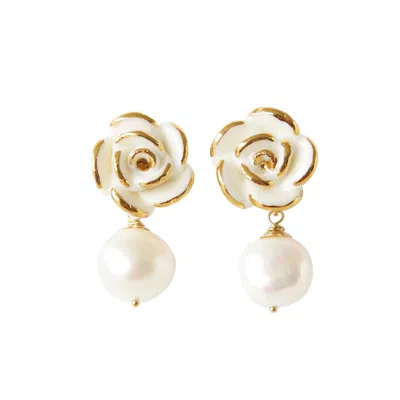 Poporcelain Women's White / Gold Golden White Cloud Rose Pearl Drop Earrings