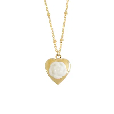 Poporcelain Women's White / Gold Mini Camellia Heart Locket Pendant Necklace