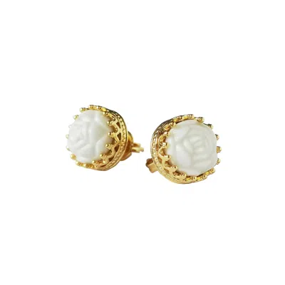 Poporcelain Women's White / Gold Mini Porcelain Rose Stud Earrings In Multi