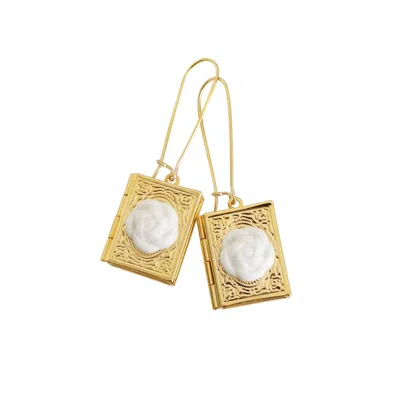 Poporcelain Women's White / Gold Porcelain Camellia Book Locket Earrings