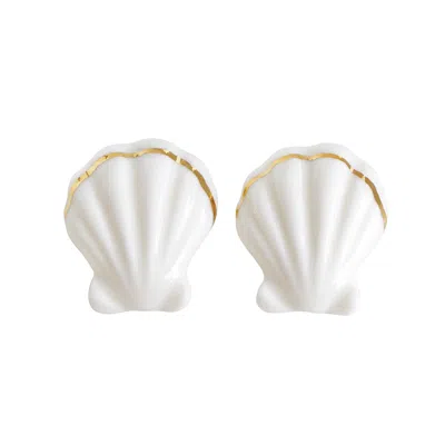 Poporcelain Women's White / Gold Porcelain Clam Shell Statement Stud Earrings