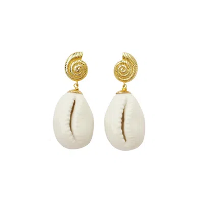 Poporcelain Women's White / Gold Porcelain Cowrie Shell Teardrop Earrings