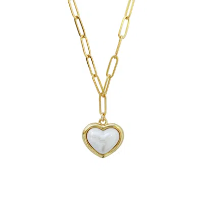Poporcelain Women's White / Gold Porcelain Pearly White Heart Pendant Necklace