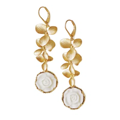 Poporcelain Women's White Porcelain Moonlight Rose & Triple Leaves Drop Earrings In Gold