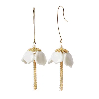 Poporcelain Women's White Porcelain Snowdrop Flower Tassel Earrings In Gold