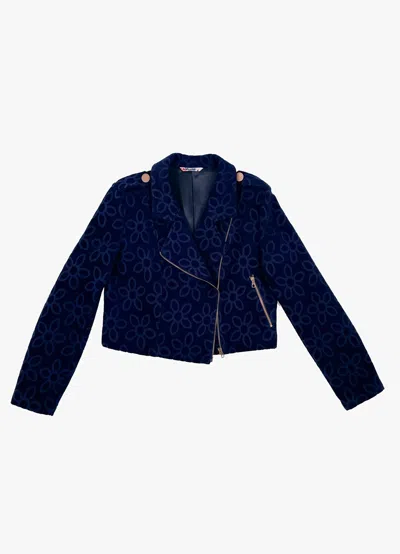 Poppanachic Women's Bloom Dark Blue Velvet Biker Jacket