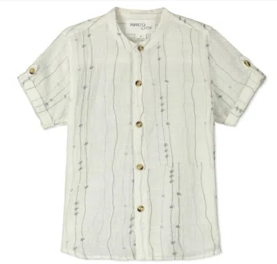 Poppet & Fox Kids' Boy's Sakura Short Sleeve Button Down Collarless Shirt In Ivory & Grey In White