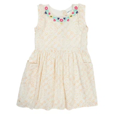 Poppet & Fox Kids' Girl's Patch Pocket Dress With Floral Neckline In Beige In Neutral