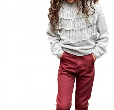Poppet & Fox Kids' Long Line Fringe Knit Sweater In Heathered Grey In White