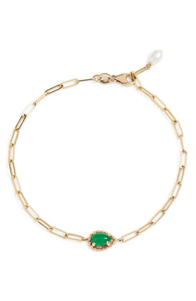 Poppy Finch Emerald Cabochon & Freshwater Pearl Paper Clip Bracelet In Gold