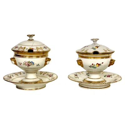 Pre-owned Porcelaine De Paris 19th Century Pair Of Paris Porcelain Lidded Confituriers With Fixed Underplates In Sand