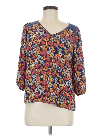 Pre-owned Porridge 3/4 Sleeve Silk Top Blue V-neck Tops