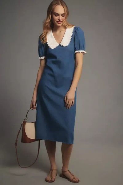 Porridge Short-sleeve Collared Slim Midi Dress In Blue