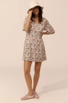 Porridge Short-sleeve Crew-neck Linen Printed Mini Dress In Beige