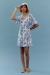 Porridge Short-sleeve Crew-neck Linen Printed Mini Dress In Blue