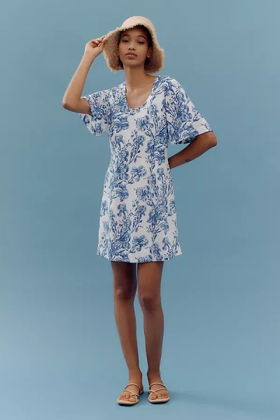 Porridge Short-sleeve Crew-neck Linen Printed Mini Dress In Blue