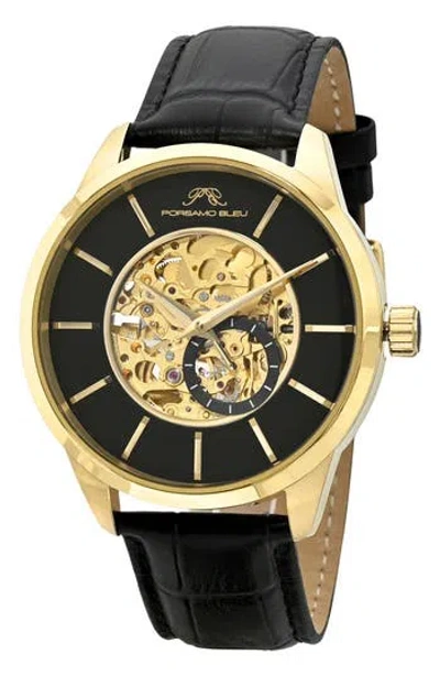 Porsamo Bleu Cassius Automatic Leather Strap Watch, 45mm In Gold And Black