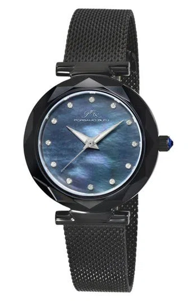 Porsamo Bleu Hazel White Topaz Mother Of Pearl Dial 3-hand Quartz Mesh Strap Watch, 33mm In Black