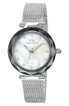 Porsamo Bleu Hazel White Topaz Mother Of Pearl Dial 3-hand Quartz Mesh Strap Watch, 33mm In Silver